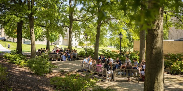 students in peace plaza for a class